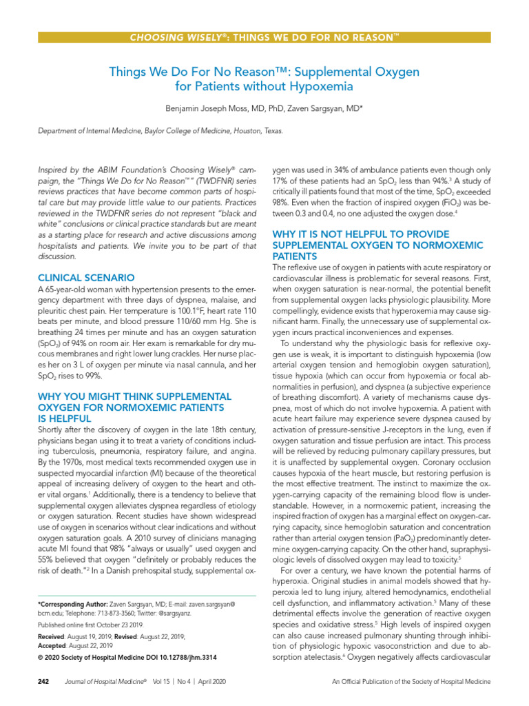 Things We Do For No Reason Supplemental Oxygen for Patients without