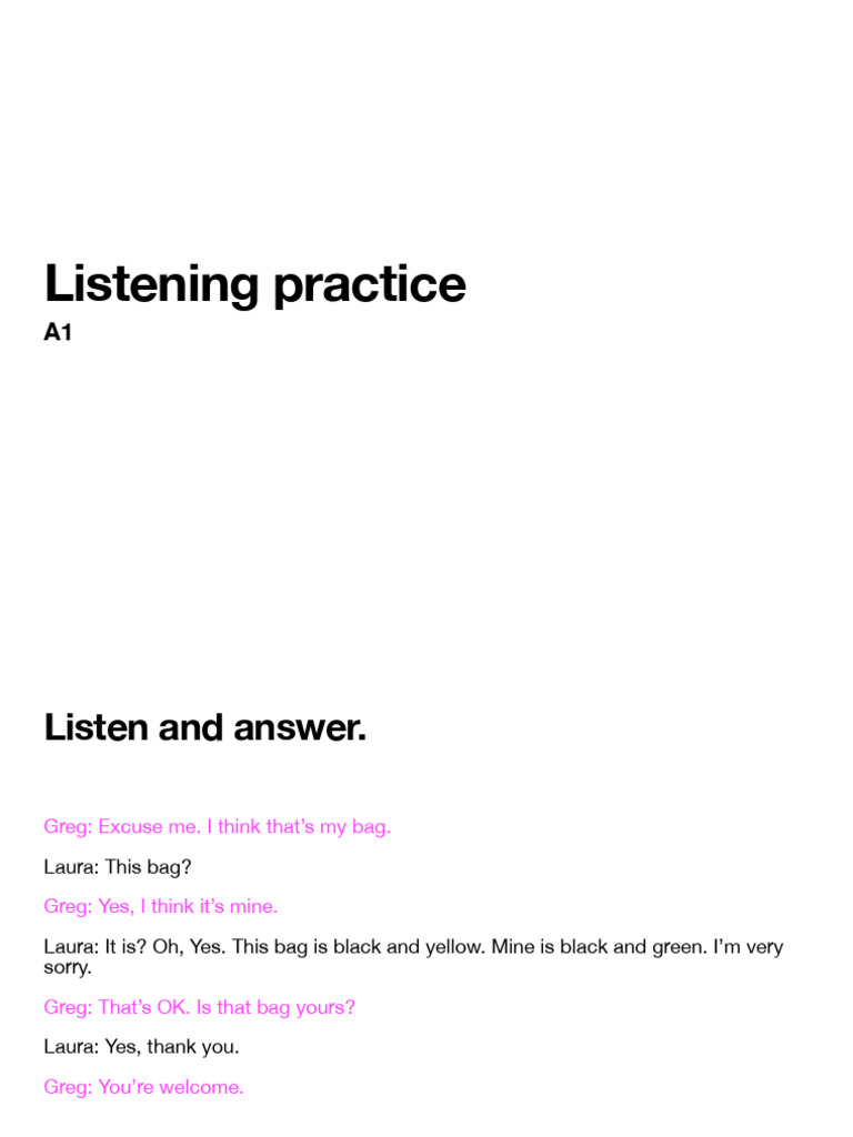A1 English Listening Practice Exercises | PDF
