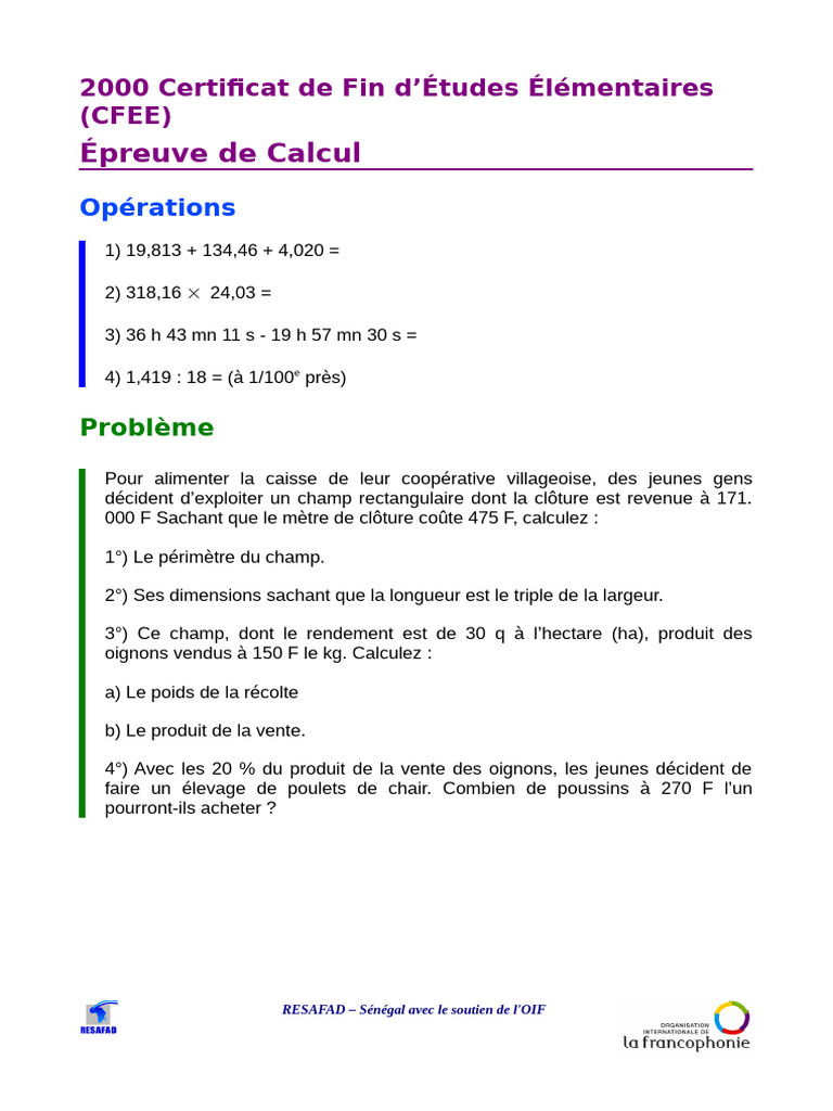 Épreuve de Calcul CFEE 2000 : Problèmes et Solutions | PDF