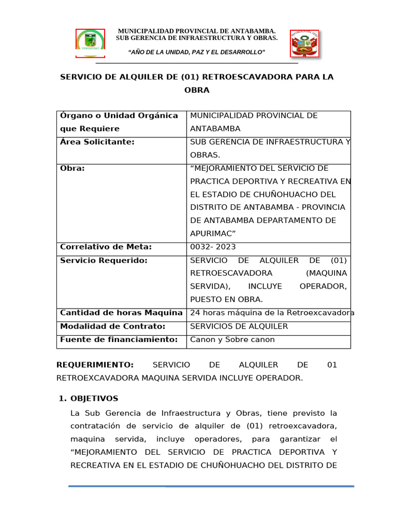 Alquiler de Retroexcavadora en Antabamba | PDF