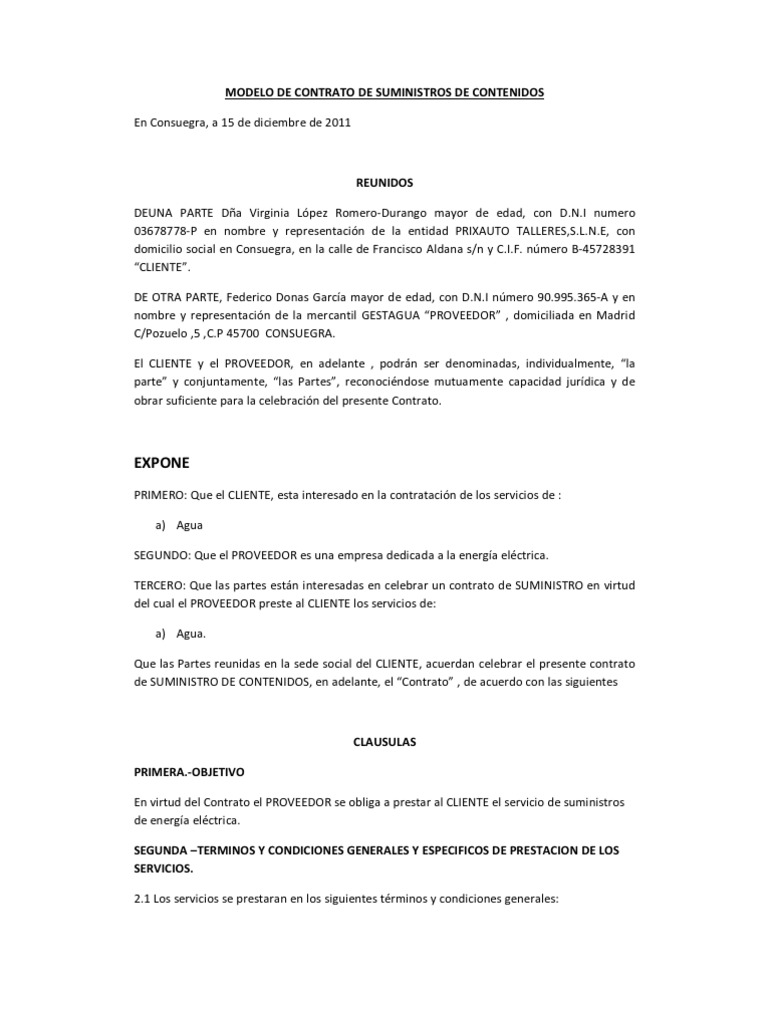 Modelo De Contrato De Suministros Agua Pdf Información Gobierno