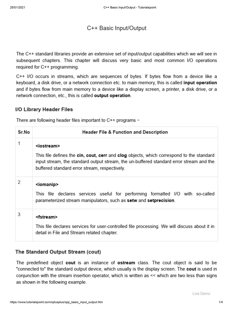 C++ Basic Input_Output - Tutorialspoint | PDF | C++ | Computer Data