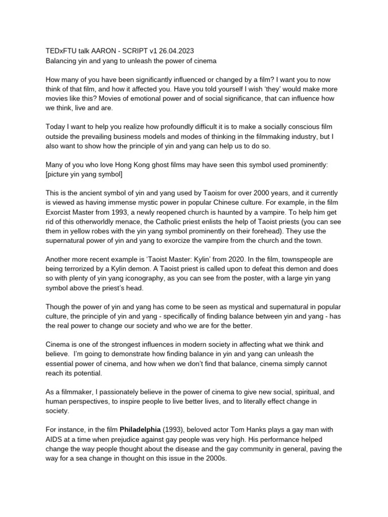 TEDxFTU Talk AARON - SCRIPT v1 27.04.2023 | PDF | Yin And Yang | Investing
