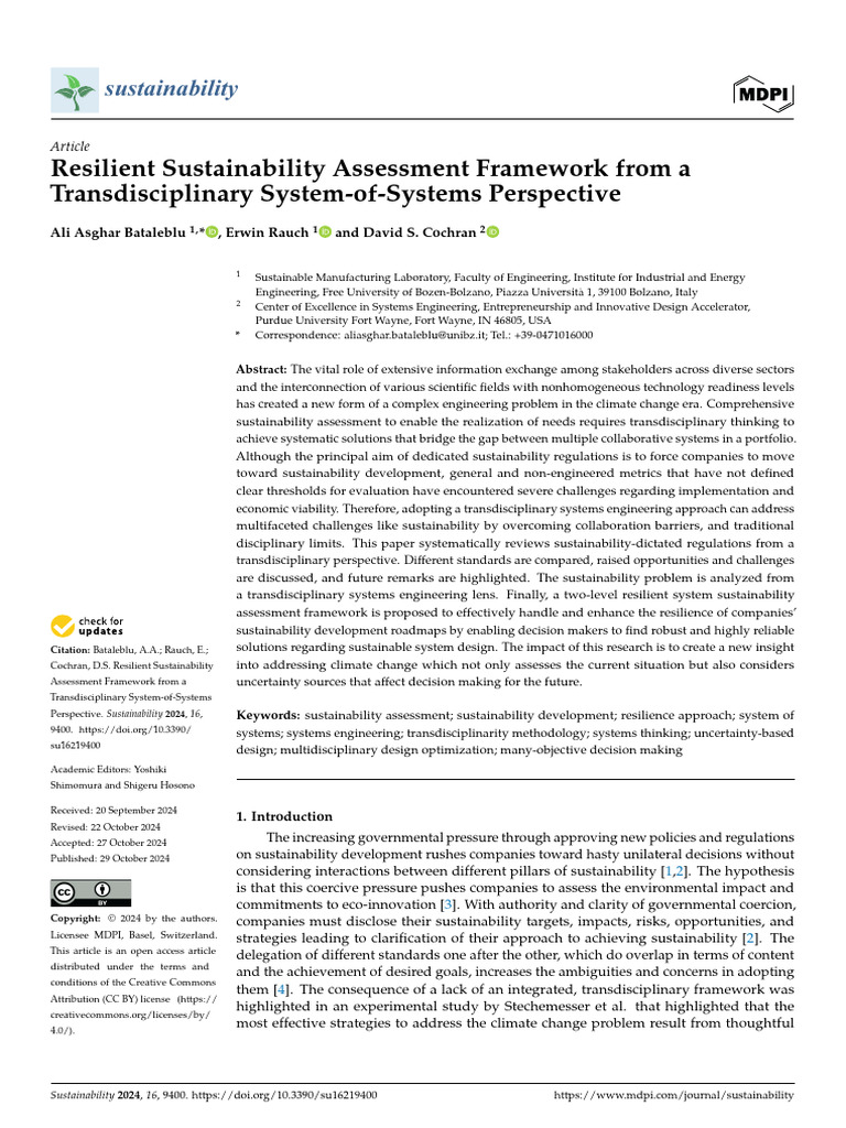 Resilient Sustainability Assessment Framework From a Transdisciplinary ...