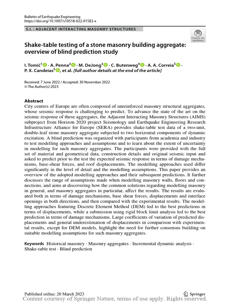 Shake-Table Testing of A Stone Masonry Building Ag | PDF | Earthquake ...