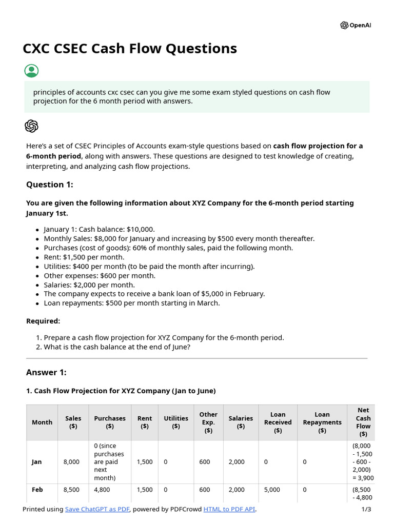 CXC CSEC Cash Flow Questions (2) | PDF | Expense | Business