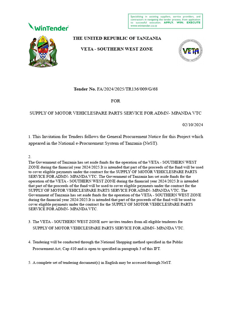 Motor Vehicle Parts Tender - Mpanda VTC | PDF