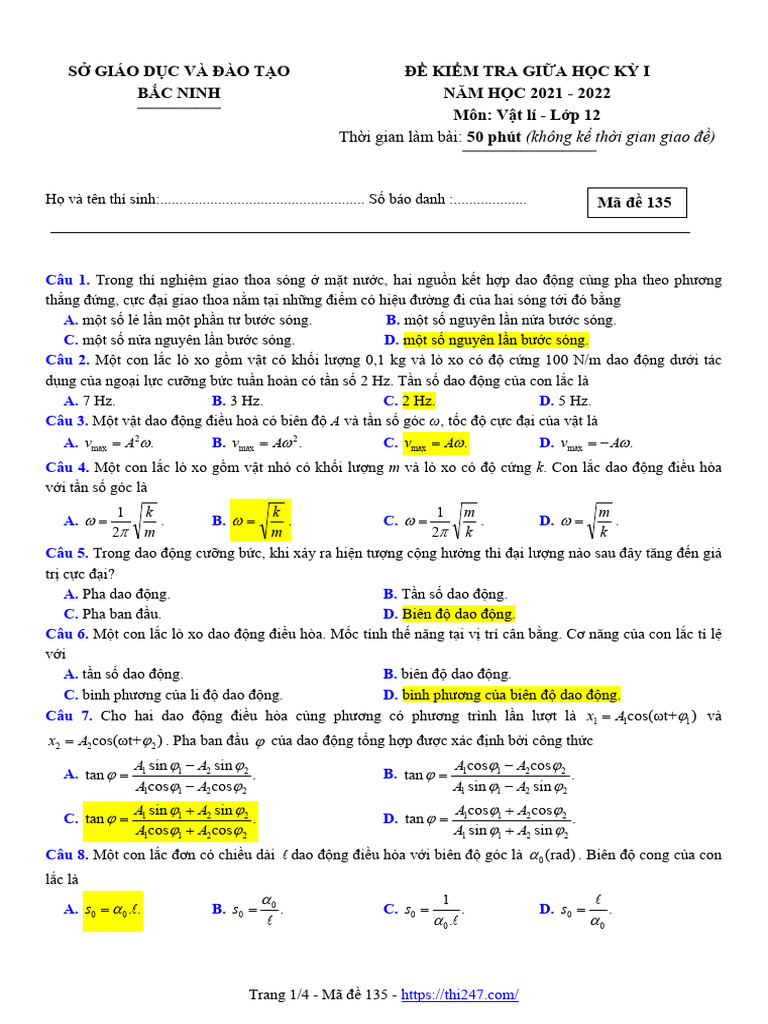 De Thi Giua Hoc Ky 1 Vat Li 12 Nam Hoc 2021 2022 So GDDT Bac Ninh | PDF