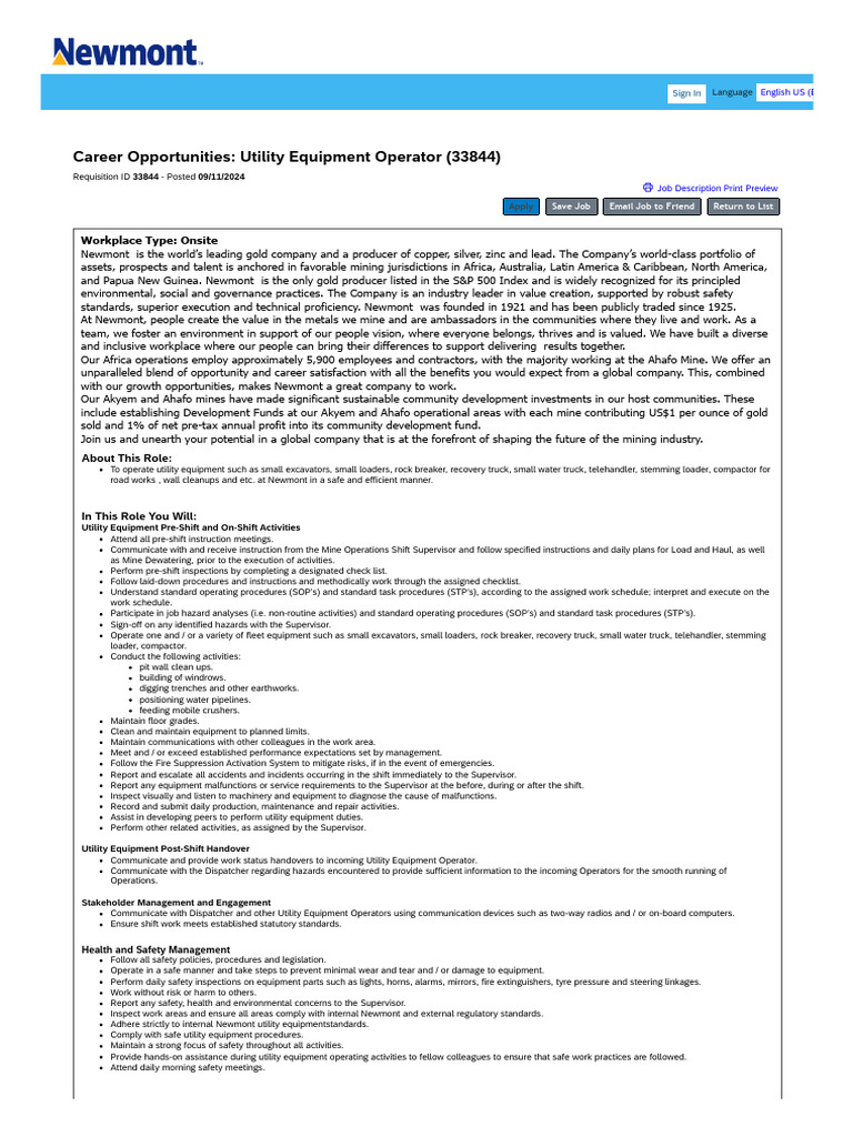Utility Equipment Operator Role at Newmont | PDF | Safety | Employment