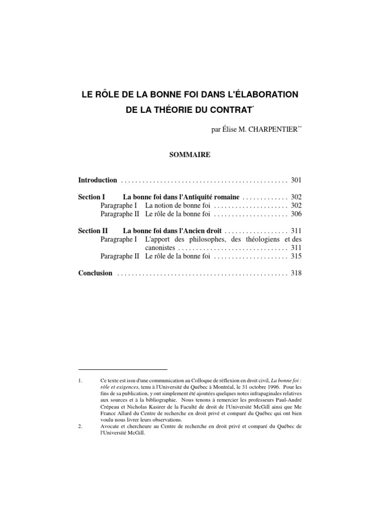 LE RÔLE DE LA BONNE FOI DANS L'ÉLABORATION DE LA THÉORIE DU CONTRAT ...