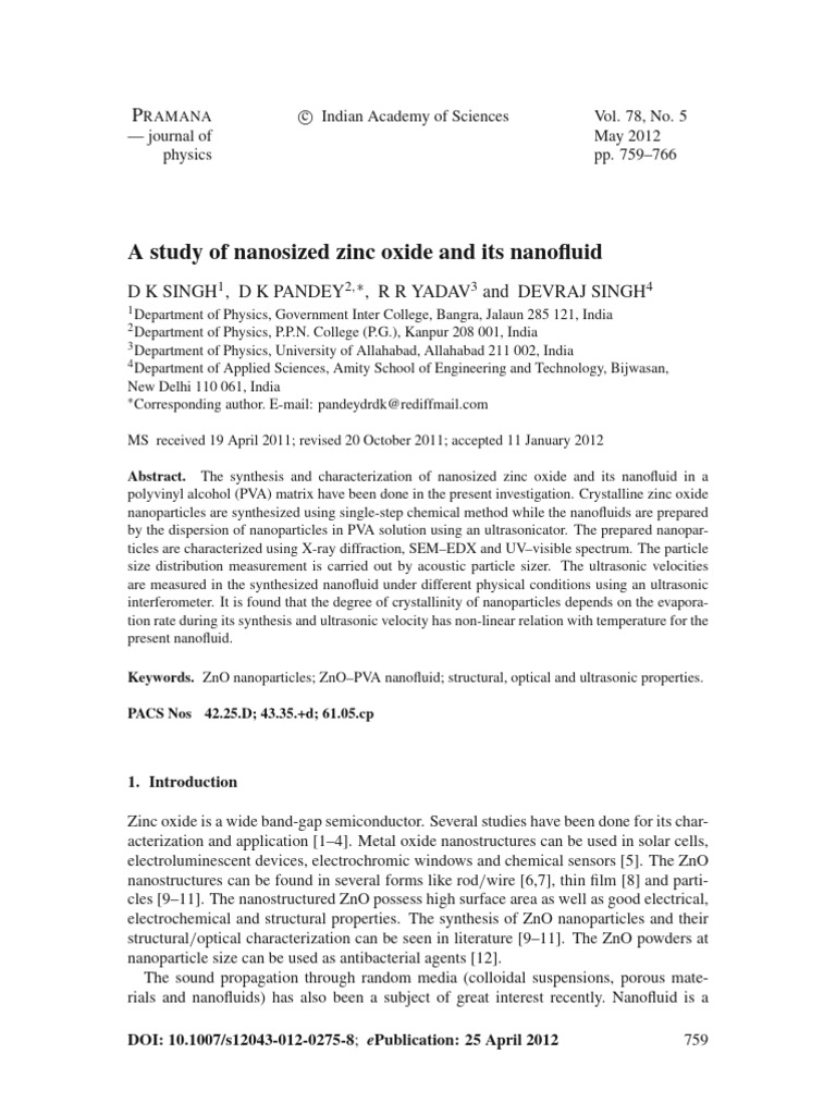 A Study of Nanosized Zinc Oxide and Its Nanofluid | PDF | Zinc Oxide ...
