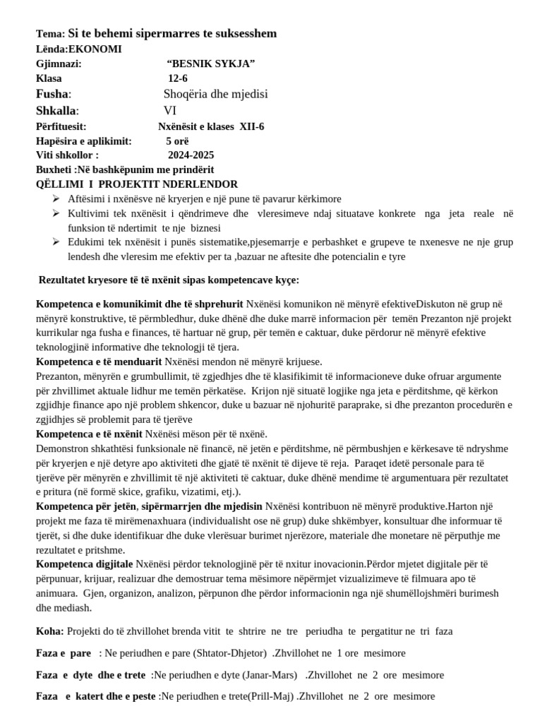 Projekti I EKONOMISE 2024-2025 | PDF