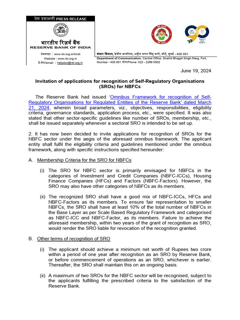 Applications for NBFC SRO Recognition | PDF | Reserve Bank Of India