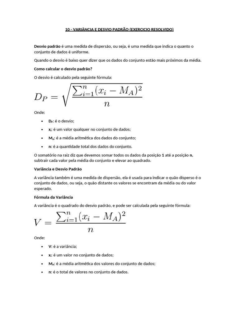 Exercícios Resolvidos: Variância e Desvio Padrão | PDF
