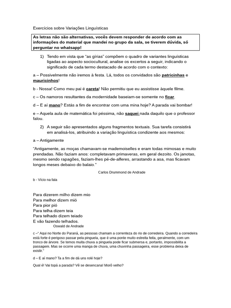 Exercícios sobre Variações Linguísticas | PDF