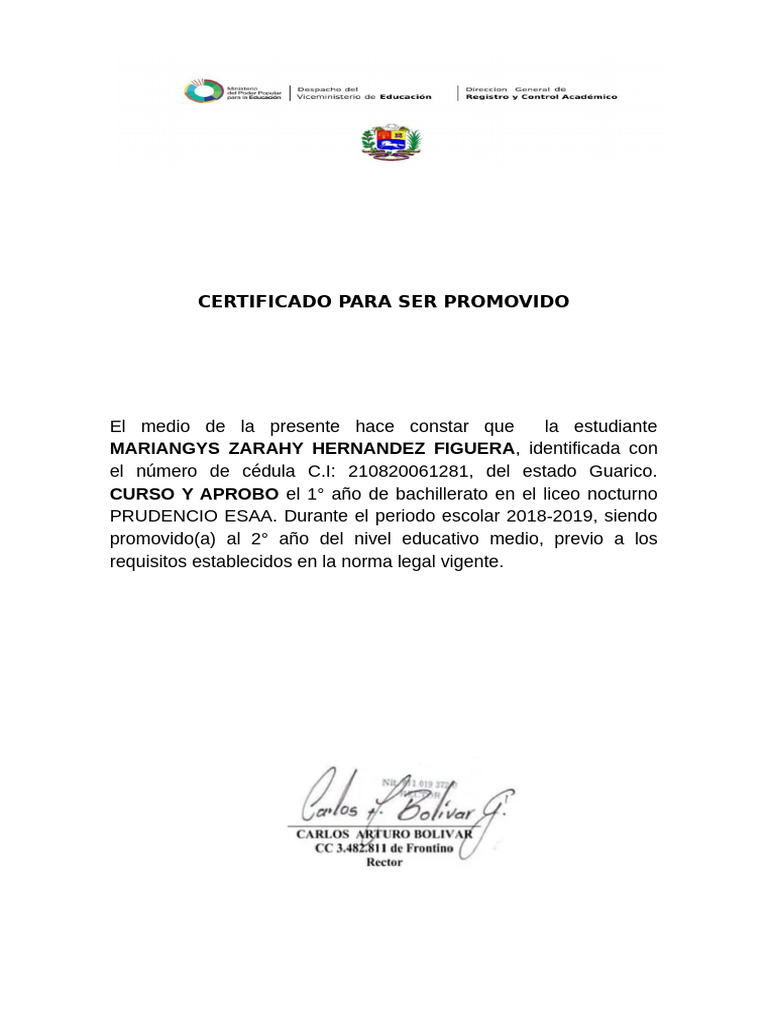 Certificado de Promoción Escolar | PDF