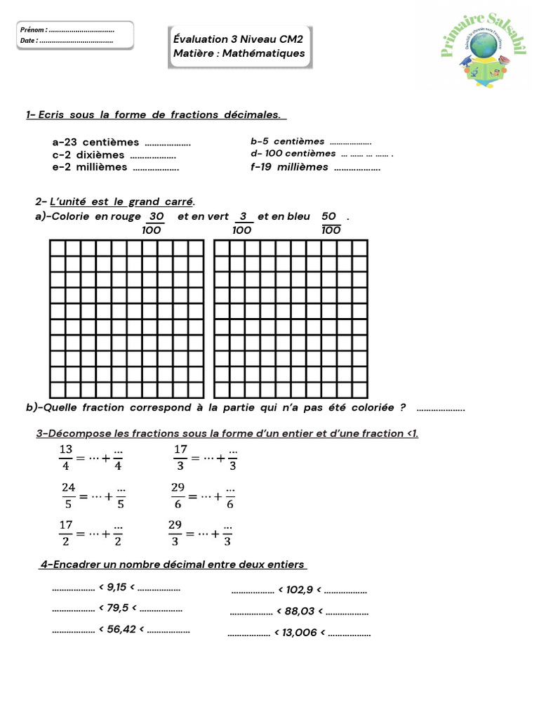 Évaluation de Maths CM2 à Imprimer | PDF | Mathématiques | Arithmétique