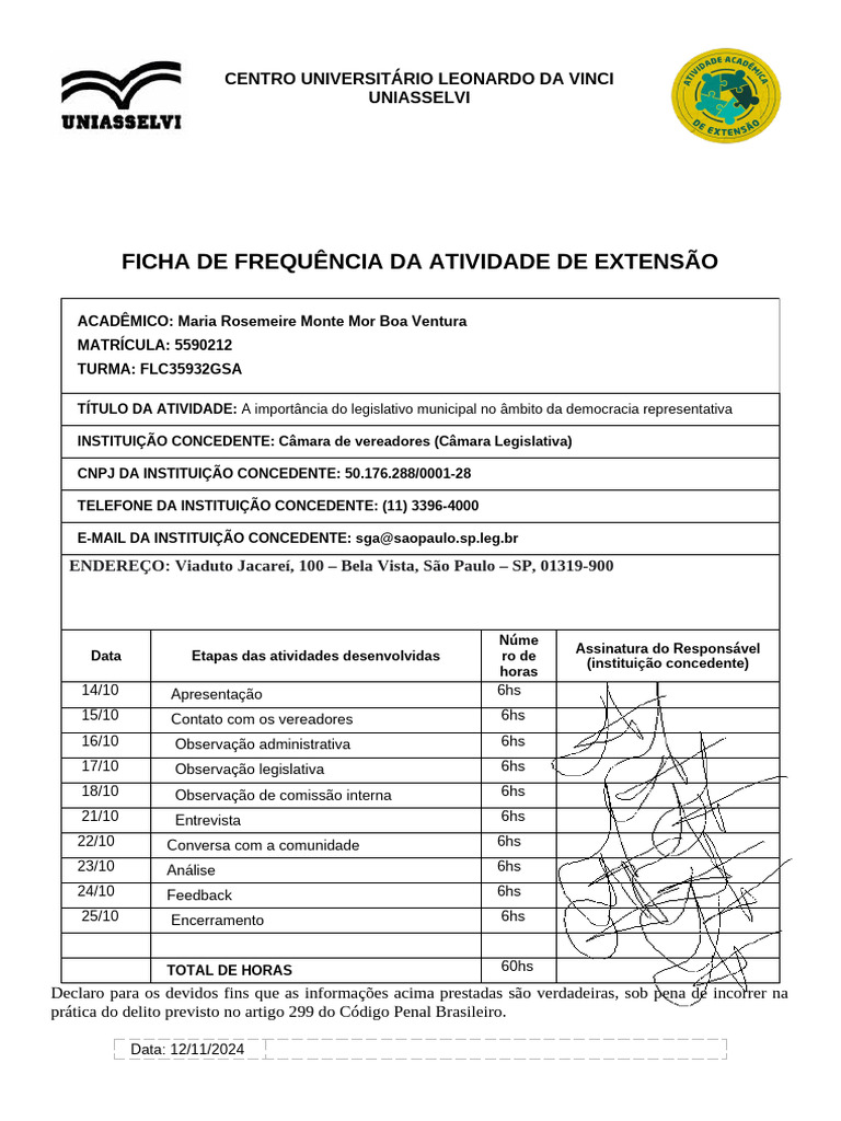 Frequência de Atividade de Extensão UNIASSELVI | PDF