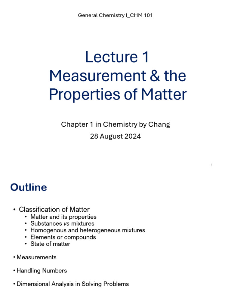 CHM101 Lecture1 28aug24 | PDF | Chemical Substances | Chemical Elements