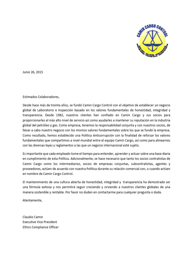 Anti-Corruption Policy Intro Letter - June 2015 - Spanish1 | PDF