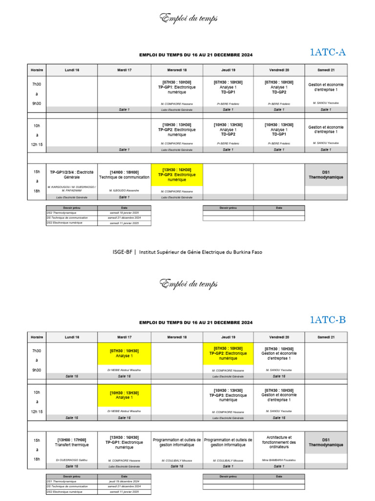 12_isge_emploi du temps de la semaine du 16 au 21 décembre 2024-1 | PDF ...