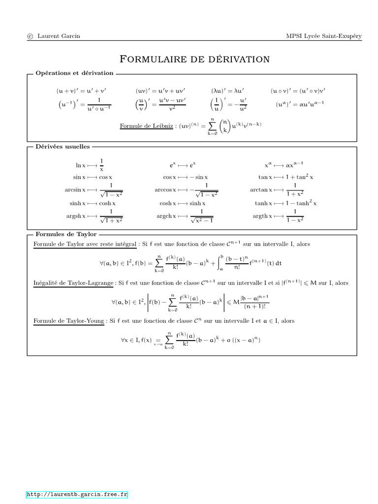 Formulaire de dérivation mathématique | PDF | Calcul | Analyse réelle