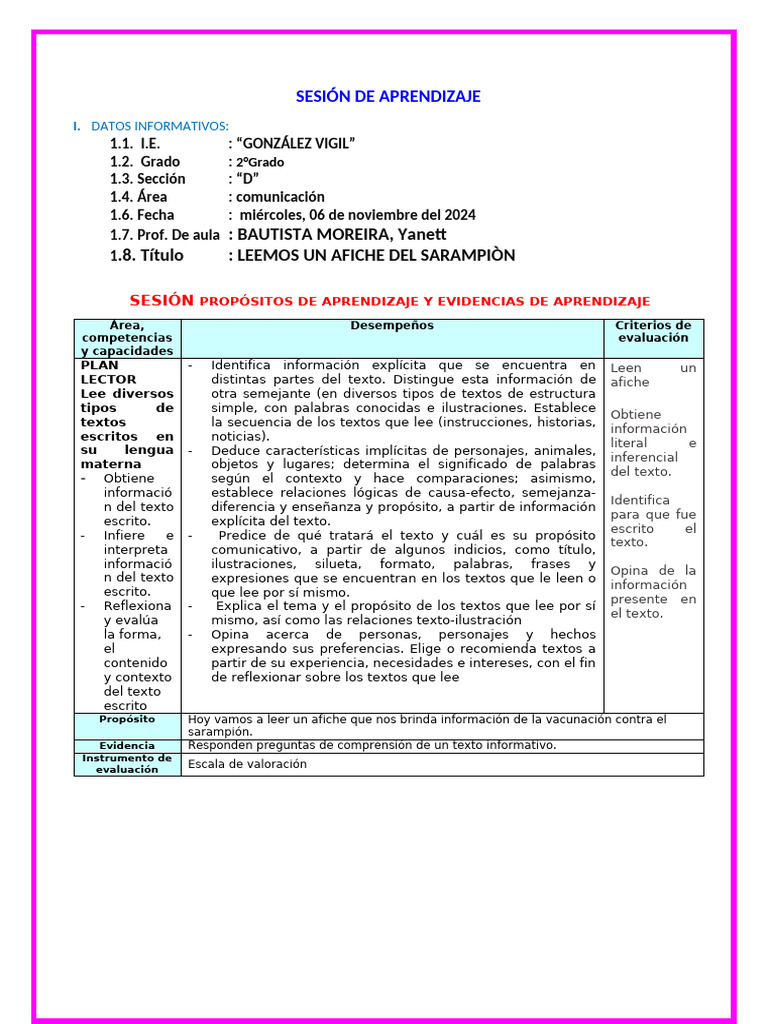 Miercoles Sesion Plan Lector Afiche Sarampion | PDF | Aprendizaje ...