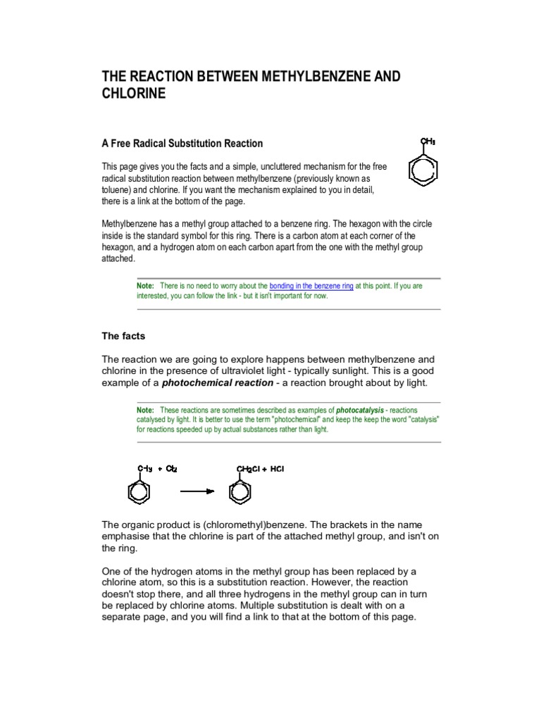 The Reaction Between Methyl Benzene and Chlorine PDF Radical
