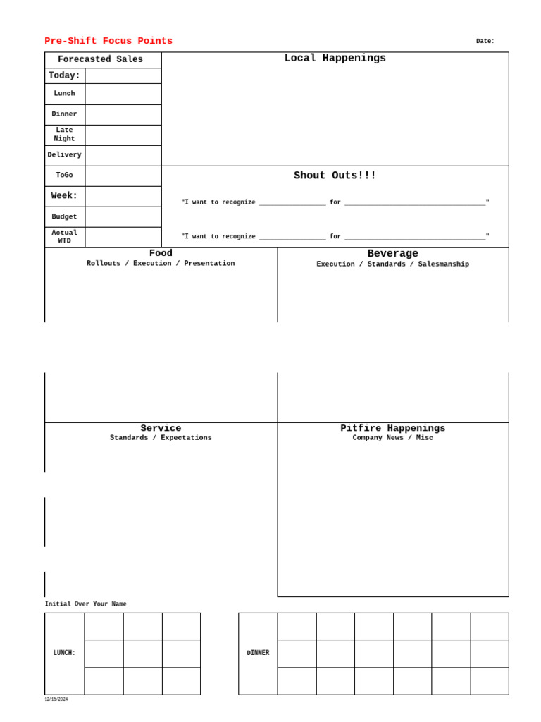 Pre-Shift Meeting Checklist Template | PDF