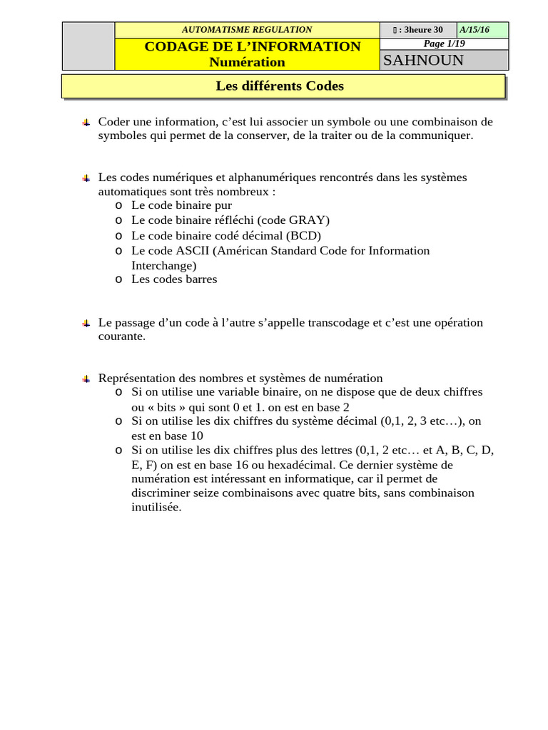 Codes binaires et systèmes de numération | PDF | Décimal codé binaire ...