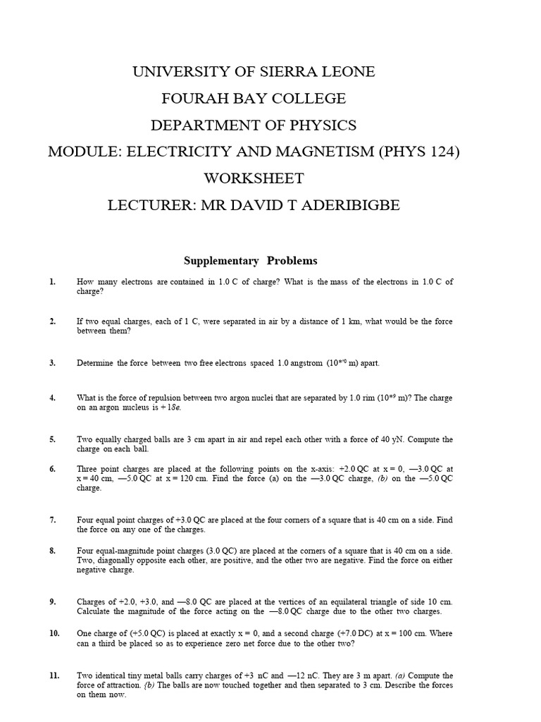 Electricity and Magnetism Worksheet | PDF | Force | Electric Field