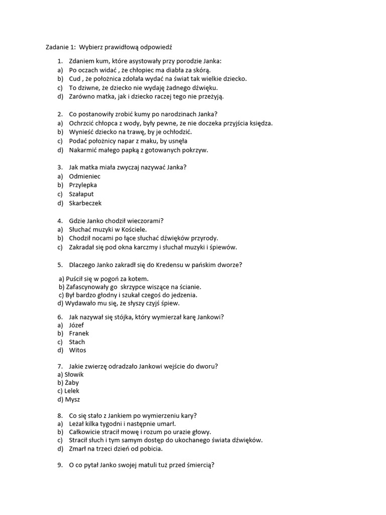 Test Z Lektury Janko Muzykant test Janko Muzykant | PDF