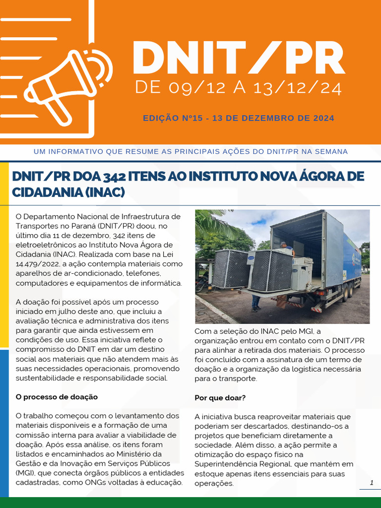 DNIT/PR Doa 342 Eletroeletrônicos ao INAC | PDF