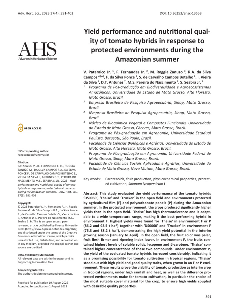 Yield Performance and Nutritional Quality of Tomato Hybrids | PDF ...