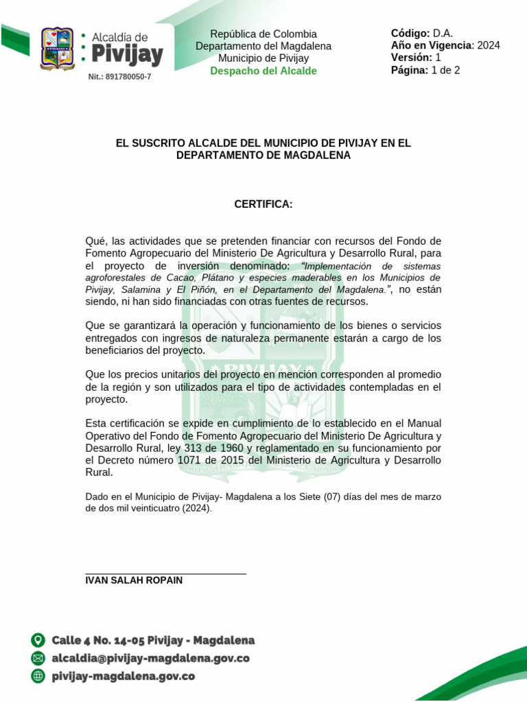 Certificado De Actividades No Financiadas Funcionamiento Y Operación Pdf