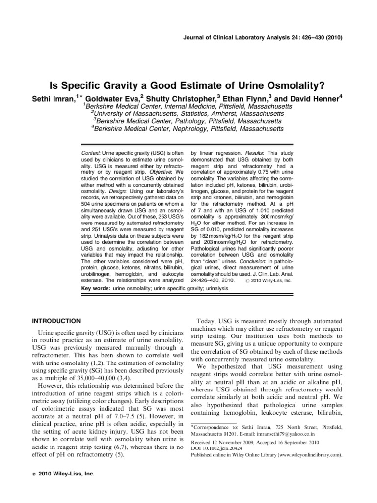 Urine Specific Gravity vs. Osmolality Study | PDF