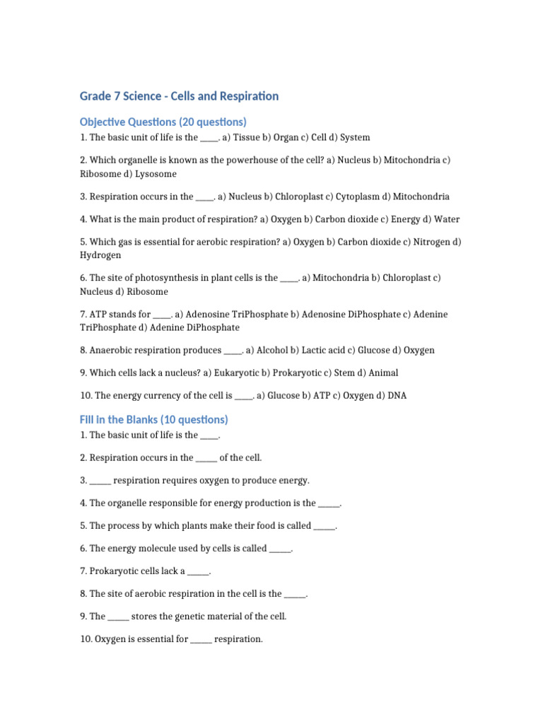 Grade7 Science Cells Respiration Final Complete | PDF | Cellular ...