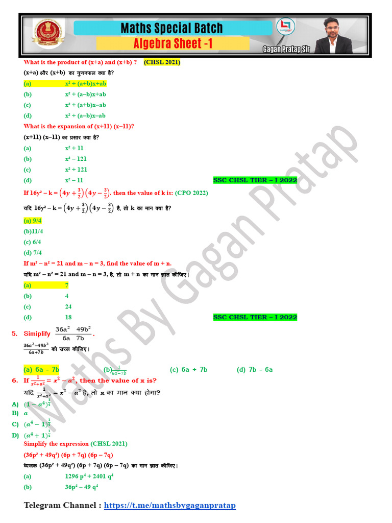 Algebra Sheet - 1 - 450850 - Crwill | PDF | Algebra | Mathematics