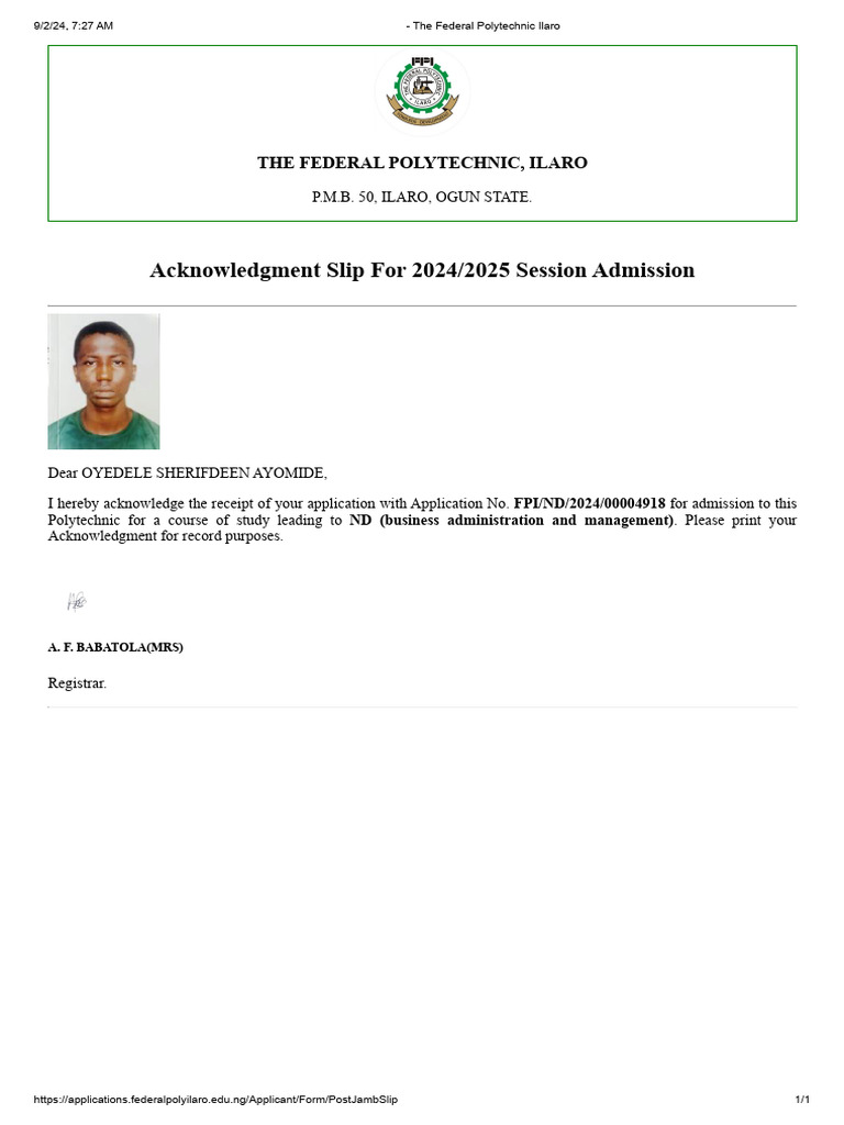 OYEDELE 1 - The Federal Polytechnic Ilaro | PDF