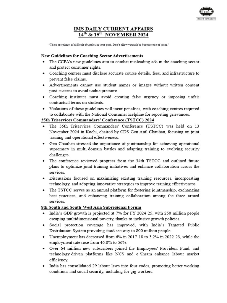 Daily Current Affairs 14th, 15th November 2024 | PDF | Euro | Influenza ...