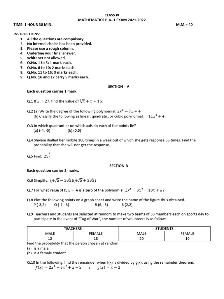Class 9 Pa 1 Q. Paper 2021-2022 | PDF | Cartesian Coordinate System ...