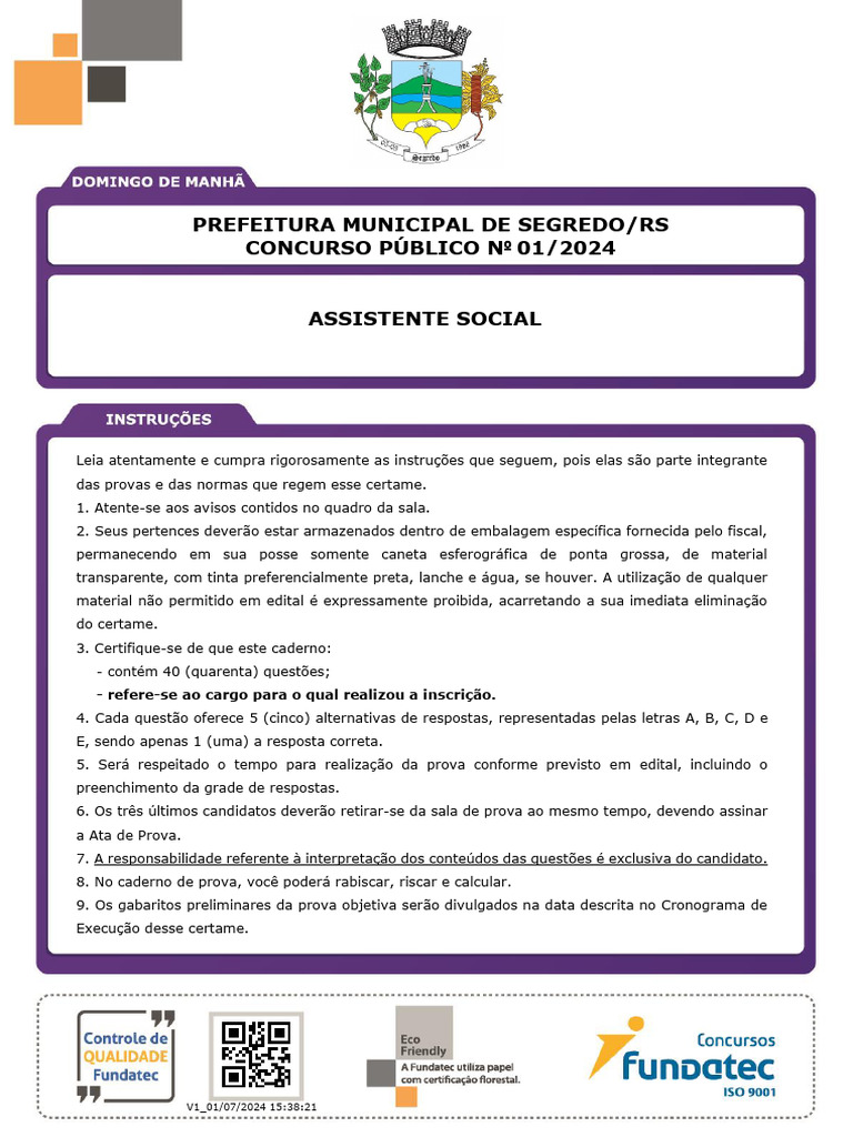 Instruções Concurso Assistente Social 2024 | PDF | Trabalho social ...