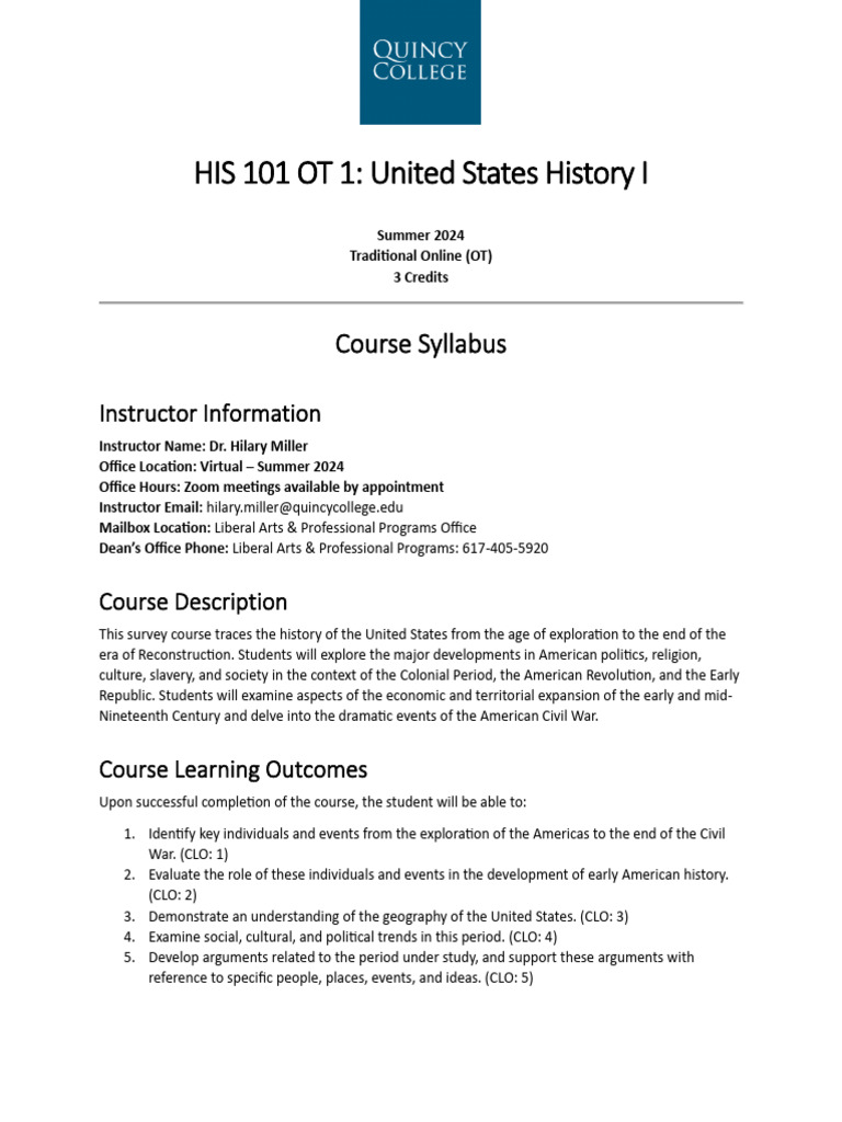 HIS 101 OT 1 Syllabus - Summer 2024 | PDF | Turnitin | Educational ...
