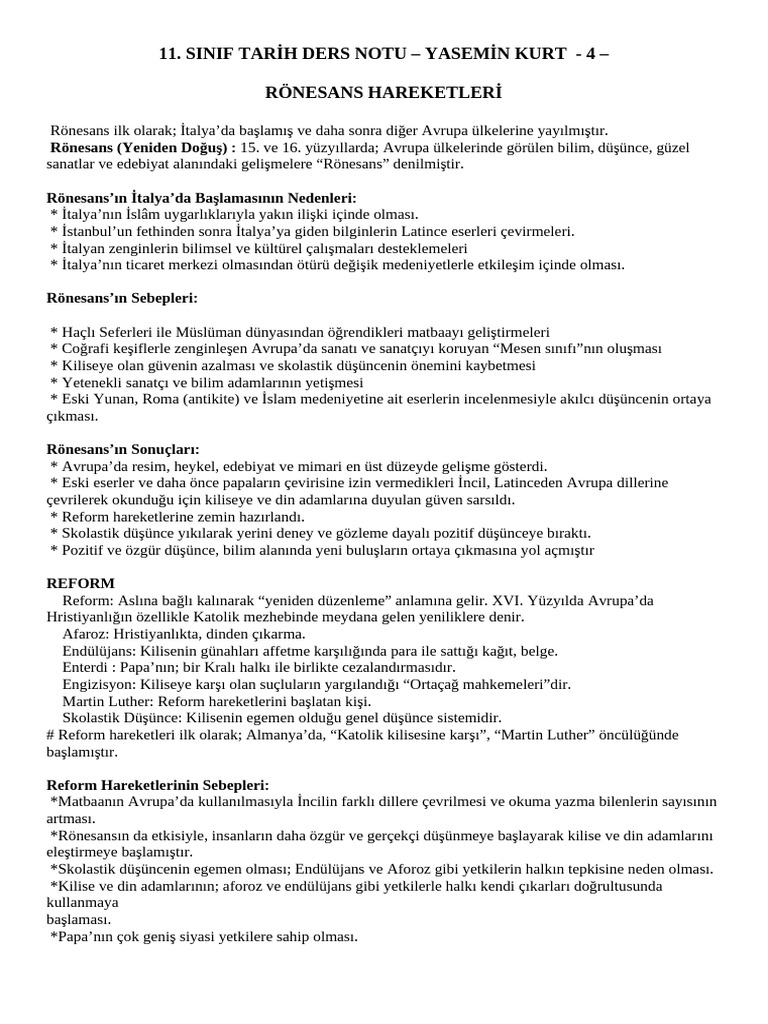Sınıf Rönesans Ve Reform | PDF