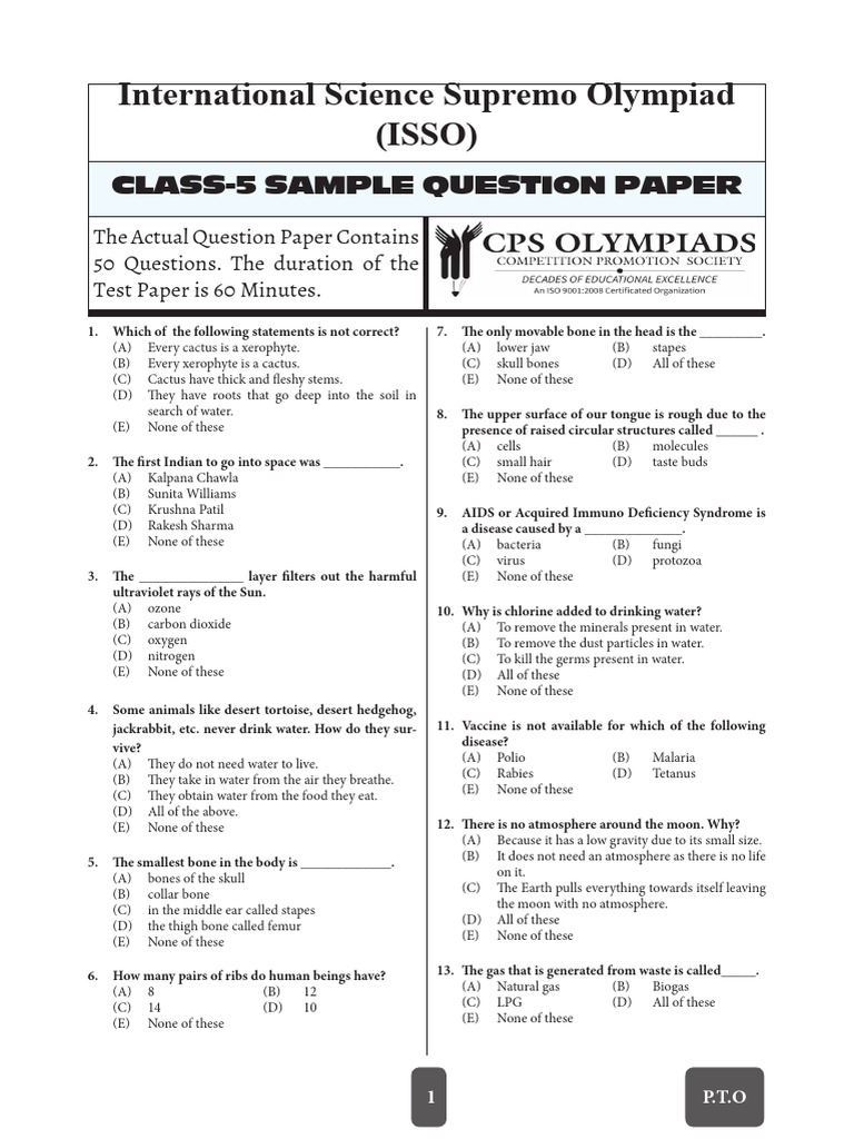 Class 5 Science Olympiad Sample Paper | PDF | Water