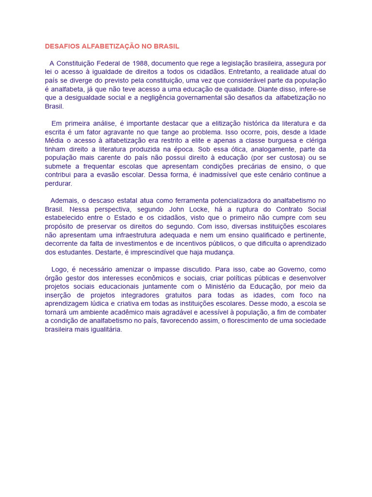 Desafios da Alfabetização no Brasil | PDF