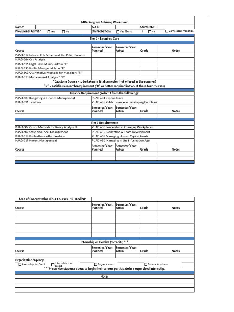 Blank MPA Advising Worksheet | PDF | Business | Money