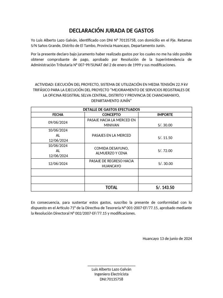 Declaración Jurada de Gastos 2024 | PDF