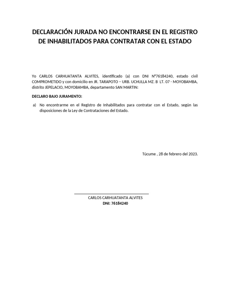 2 Declaración Jurada No Encontrarse en El Registro de Inhabilitados | PDF