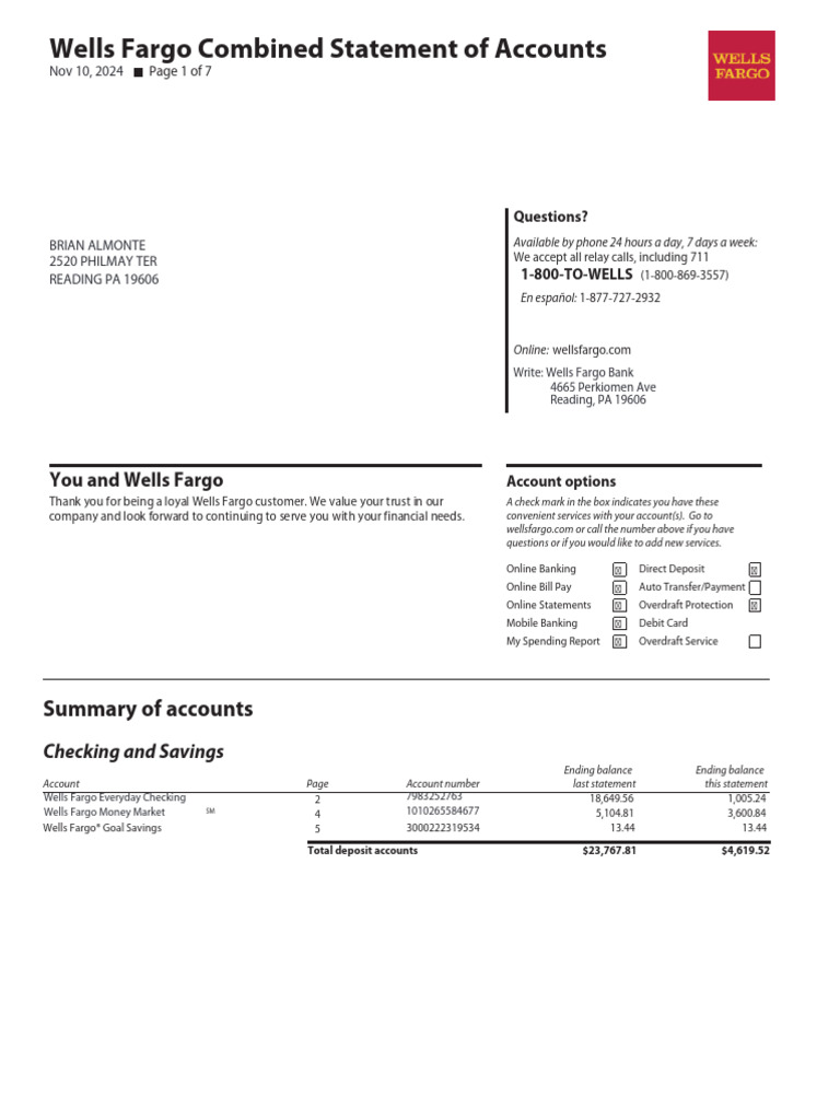Wells Fargo Account Statement Summary | PDF | Transaction Account ...